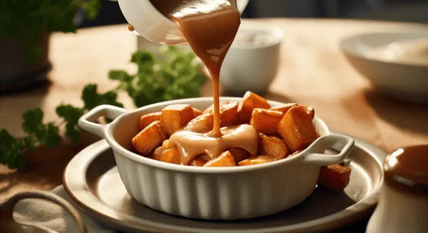 Brunsås recept: Krämig sås hälls över gyllene potatisbitar i en vit skål.