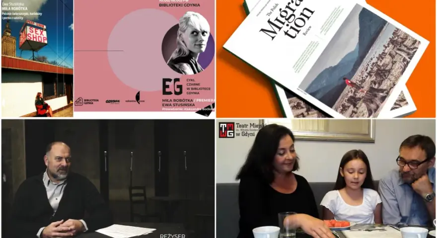 Cztery obrazy: plakat filmowy, okładka magazynu, mężczyzna przy stole, rodzina.