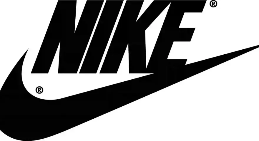 Czarny znak Nike z charakterystycznym "swooshem" i literami.