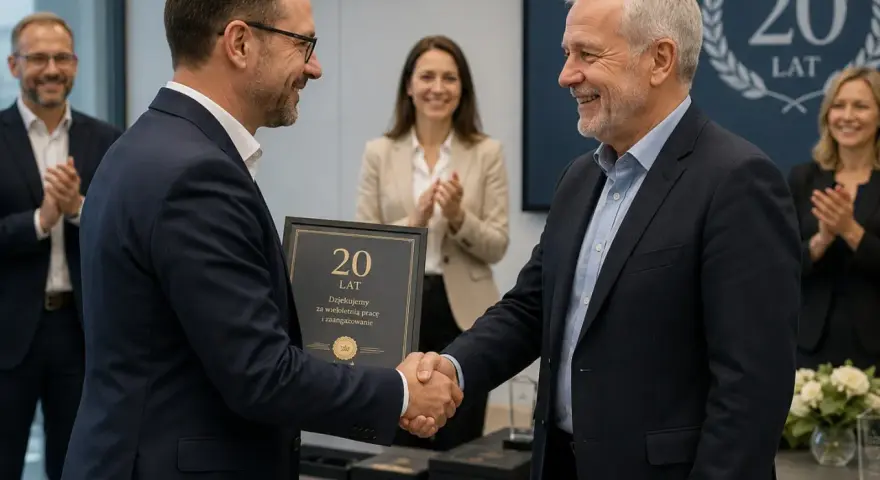 Wręczenie nagrody jubileuszowej pracownikowi samorządowemu za 20 lat pracy. Uroczystość z udziałem współpracowników.