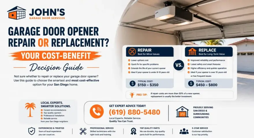 John's Garage Door Services offers a cost-benefit guide for garage door opener maintenance, comparing repair vs. replacement options.