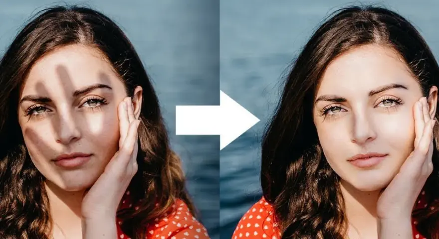 Efekt photoshop cień: usunięto niechciane cienie z twarzy kobiety, rozjaśniając jej skórę i podkreślając urodę.