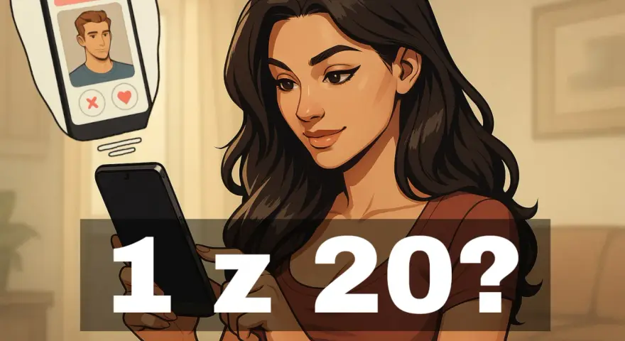 Kobieta przegląda profile na Tinderze, zastanawiając się nad statystykami: 1 z 20?
