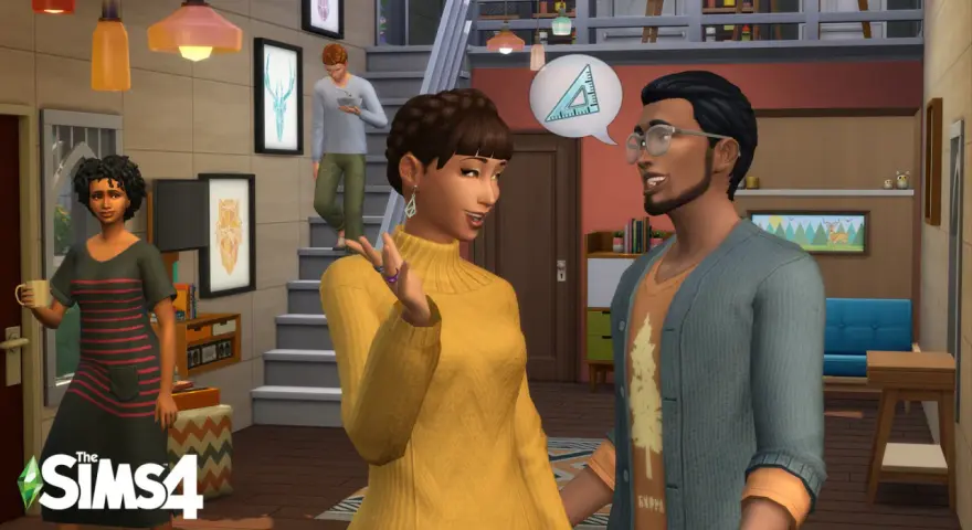 Sims 4: Una pareja discute ideas, mientras otro Sim baja las escaleras.
