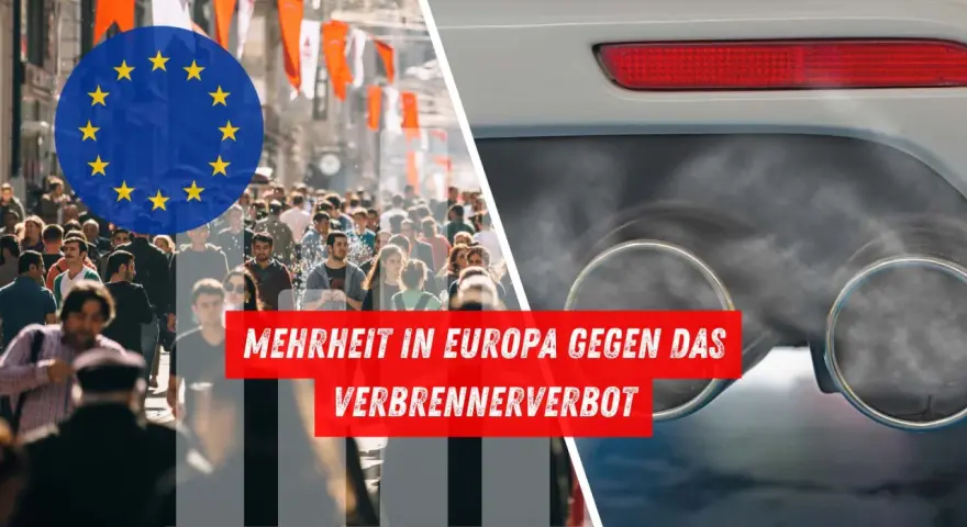 EU-Flagge über Menschenmenge, daneben Auspuff mit Rauch. Text: "Mehrheit in Europa gegen das verbrenner-verbot 2035 gekippt".