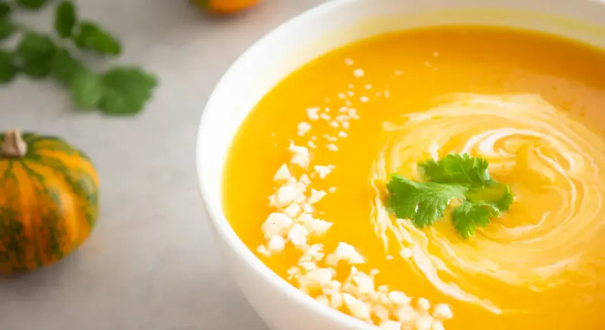 Un bol de soupe butternut crémeuse, garnie de coriandre fraîche et de petits morceaux de fromage. Des mini-citrouilles décorent la table.