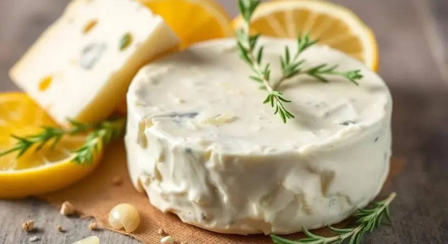 Un délice crémeux : fromage frais ail et fines herbes, garni de romarin frais, avec des tranches de citron et un morceau de fromage bleu en arrière-plan.