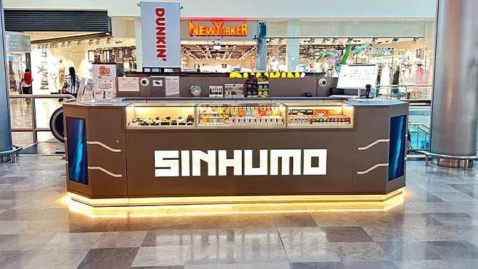 Mostrador de cigarrillos electrónicos "SINHUMO" con un **bombo supra reserve** de líquidos.