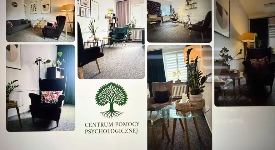 Kolaż zdjęć gabinetów psychologicznych z fotelem, kanapą i roślinami.