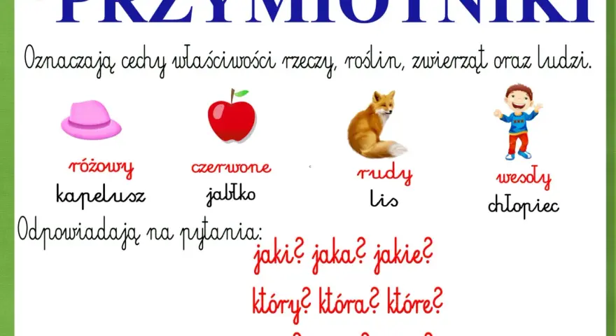 Przymiotniki: różowy kapelusz, czerwone jabłko, rudy lis, wesoły chłopiec. Przykłady: jaki? jaka? jakie?