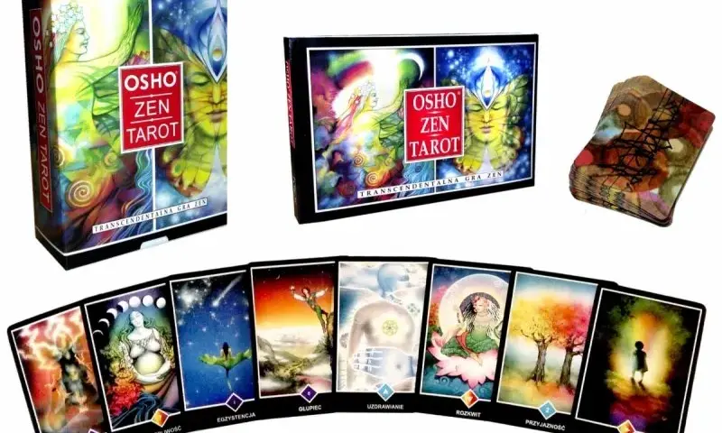 Odkryj znaczenie kart Osho Zen Tarot. Zestaw zawiera pudełko, książkę i karty z mistycznymi ilustracjami, np. "Egzystencja", "Rozkwit", "Przygoda".