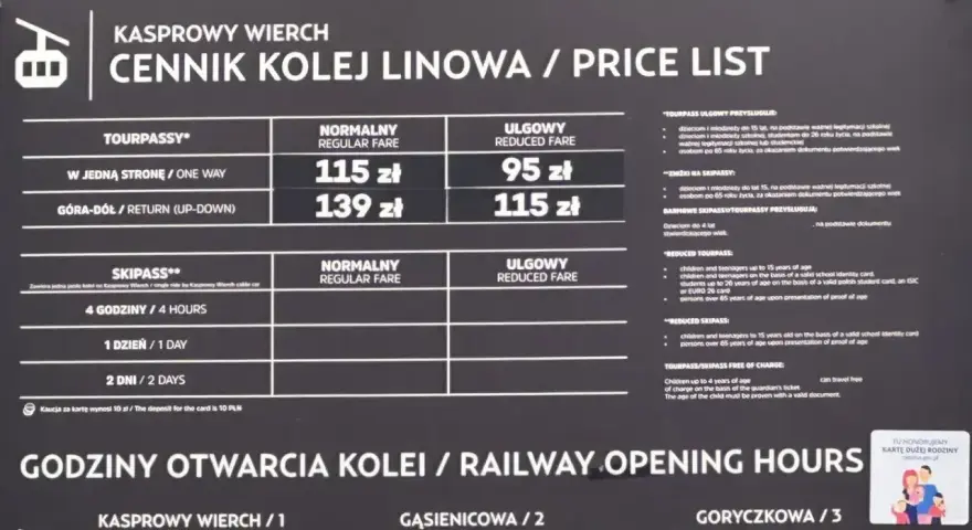 Kasprowy Wierch cennik kolejki: normalny 115 zł w jedną stronę, ulgowy 95 zł. Góra-dół normalny 139 zł, ulgowy 115 zł.