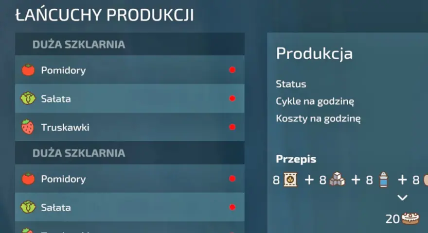 Menu łańcuchy produkcyjne fs22 pokazuje szklarnie z pomidorami, sałatą i truskawkami. Przepis na ciasto wymaga składników.