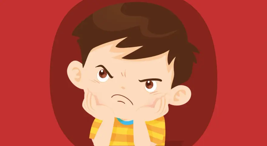 Chłopiec z opuszczoną miną, opierający głowę na dłoniach. Ilustracja do krótkiej bajki o złości.