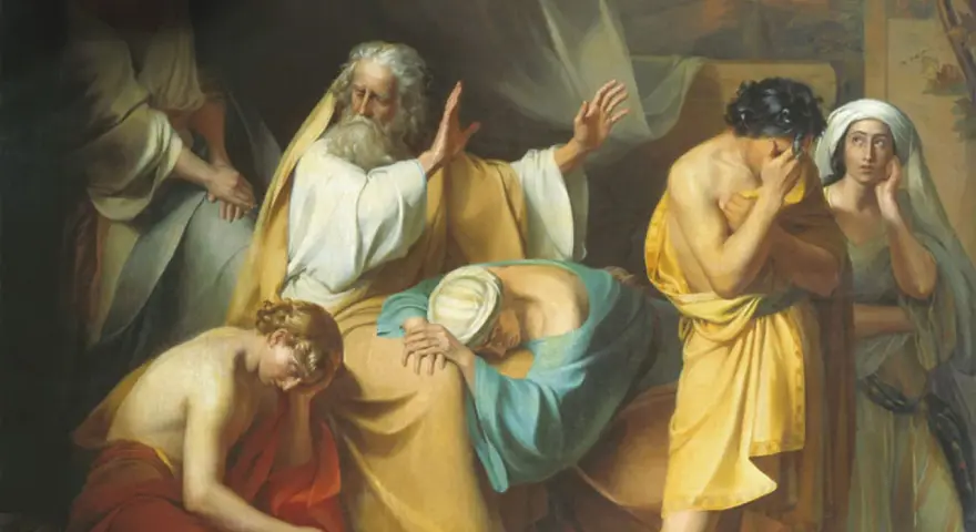 Noah, distraught, gestures as his sons mourn. This scene depicts the aftermath of Ham's transgression, leading to why Noah cursed Canaan.