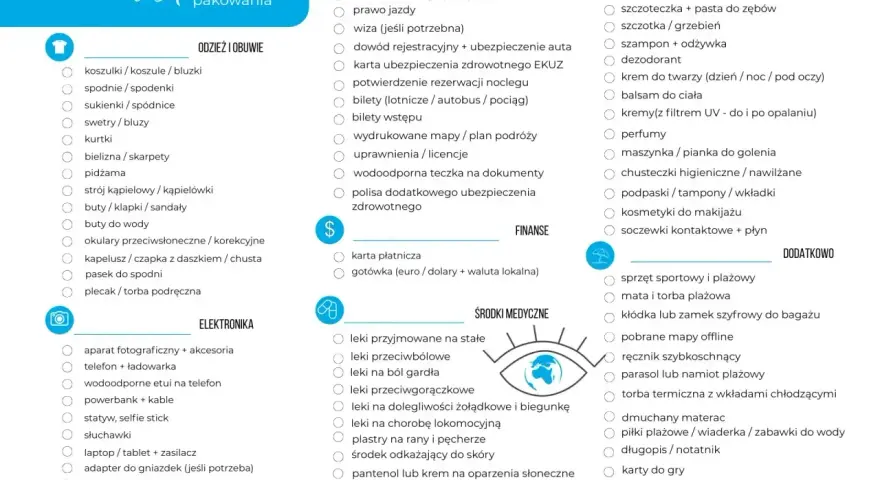 Lista rzeczy do zabrania na Erasmusa: odzież, obuwie, dokumenty, leki, kosmetyki, elektronika, finanse i dodatki.