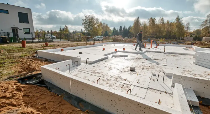 Budowa garażu murowanego: trwa wylewanie fundamentów z betonu i styropianu. Widać zbrojenie i elementy instalacji.