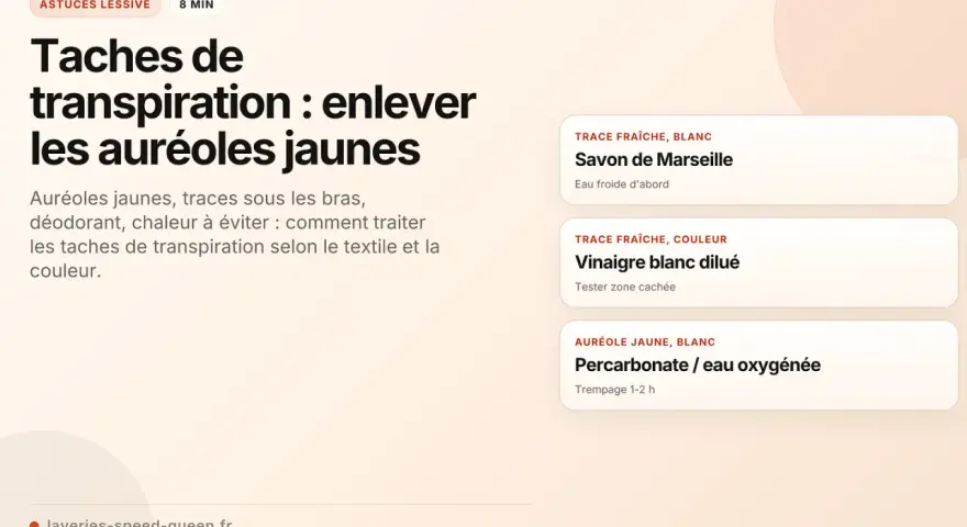 Conseils pour enlever les taches de transpiration, notamment les auréoles jaunes sous les bras. Solutions : savon de Marseille, vinaigre blanc, percarbonate.