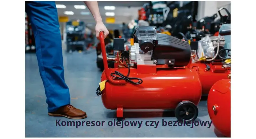 Czerwony kompresor olejowy czy bezolejowy? Mężczyzna w niebieskich spodniach przygotowuje się do pracy z tym urządzeniem.