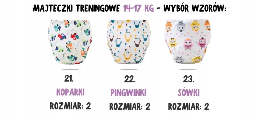 Trzy wzory majtek treningowych dla dziewczynki: koparki, pingwinki i sówki. Rozmiar 2, na wagę 14-17 kg.