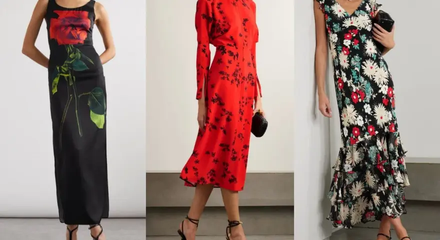 Tre donne indossano abiti a fiori. Quali scarpe mettere con un vestito a fiori? Sandali eleganti e décolleté completano i look.