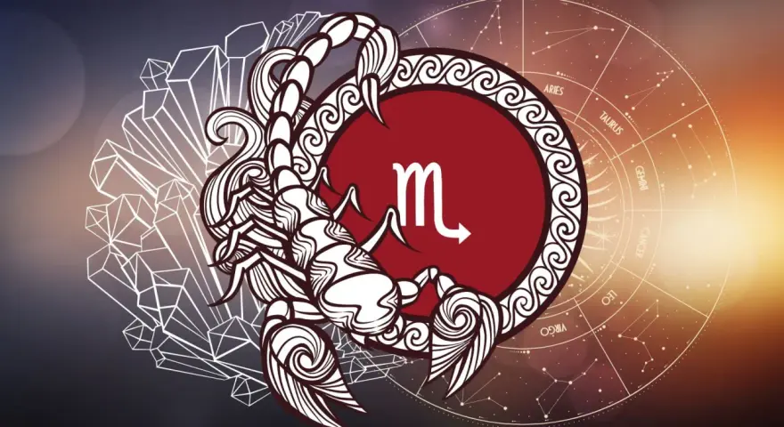 Skorpion, symbol najsilniejszego znaku zodiaku, w otoczeniu kryształów i koła zodiaku.