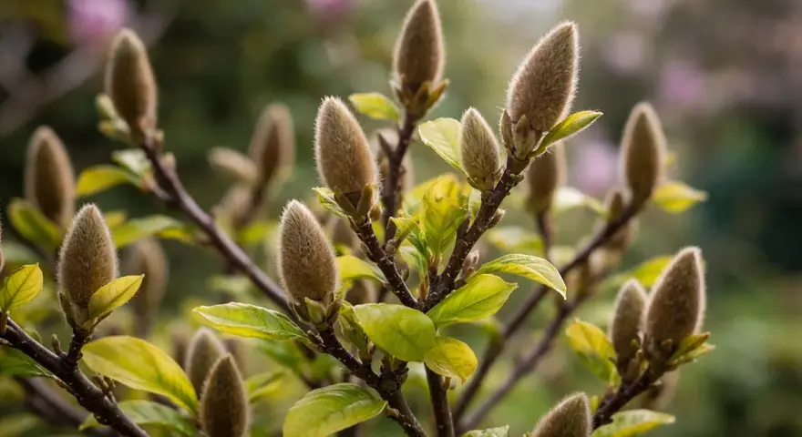 Puszyste pąki magnolii zapowiadają wiosenne kwitnienie. W tle delikatne różowe kwiaty.
