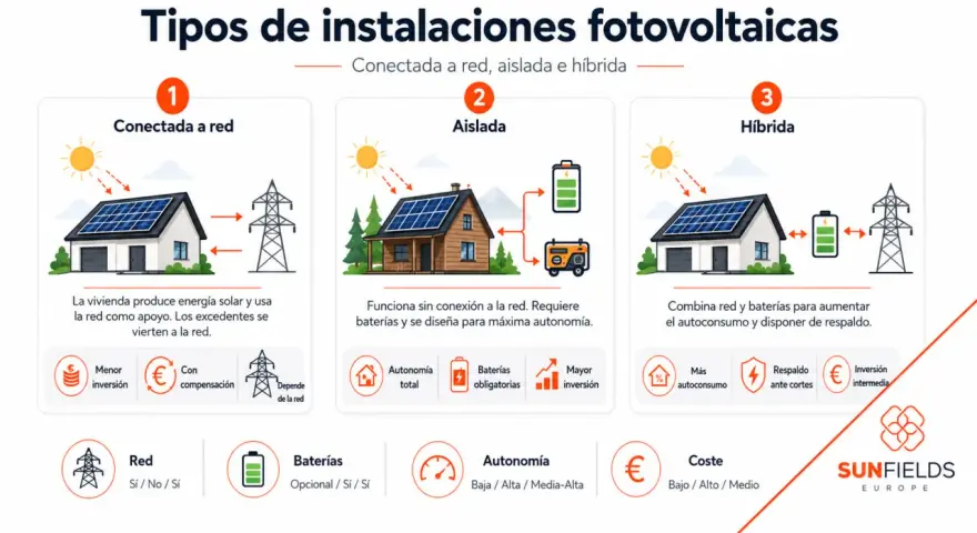 Tipos de autoconsumo fotovoltaico: Conectada a red, aislada e híbrida. Cada una con sus características y beneficios.