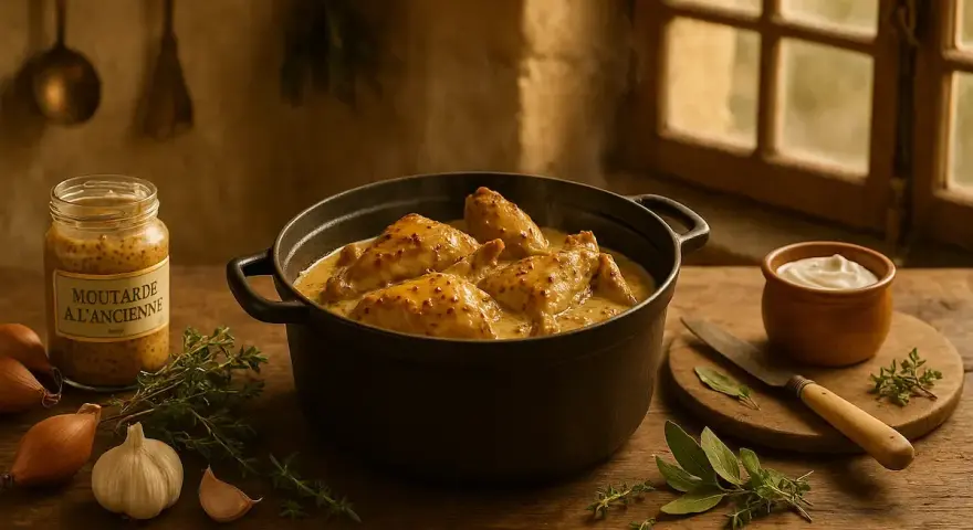 Un plat fumant de lapin à la moutarde, servi dans une cocotte en fonte, avec des ingrédients frais disposés autour.