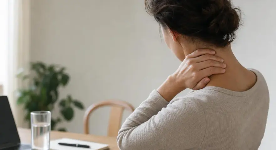 Donna con mal di testa che si massaggia il collo, suggerimenti su come far passare il mal di testa.