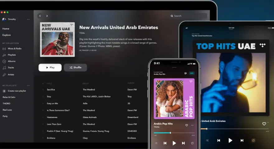 Ekran laptopa, tabletu i telefonu z interfejsem aplikacji muzycznej TIDAL.