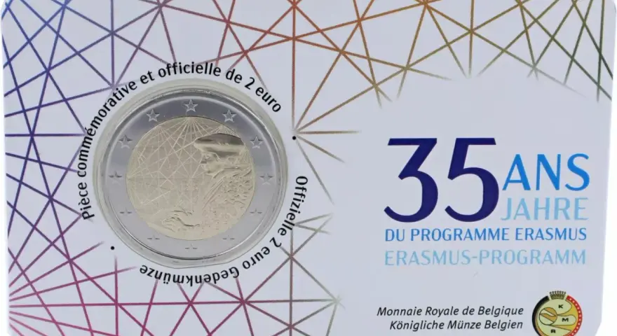 Pièce commémorative 2 euros 35 ans du programme Erasmus 1987-2022. Valeur pièce 2 euros.