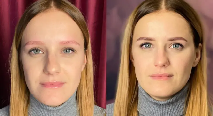 Efekt metamorfozy brwi: henna pudrowa przed i po. Piękne, naturalne brwi po zabiegu.