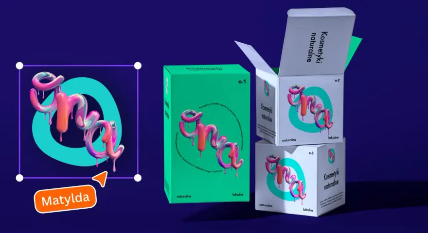 Logo szkoły przykłady: trójwymiarowe, błyszczące litery "Matylda" na tle pudełek z kosmetykami naturalnymi.