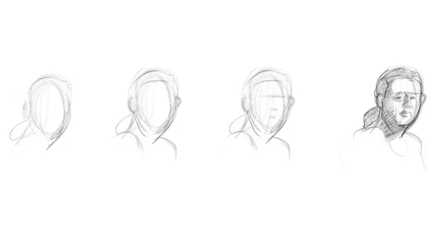 Quatre étapes d'un dessin contour d'un visage, du croquis initial à une esquisse plus détaillée.