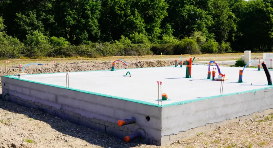Betonowe fundamenty pod dom parterowy z instalacją hydrauliczną. Zielona izolacja na obrzeżach płyty.