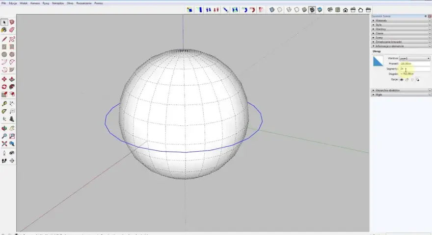 Program SketchUp pokazuje, jak narysować kulę. Widoczna jest siatka i panel z opcjami, gdzie można ustawić promień i segmenty.