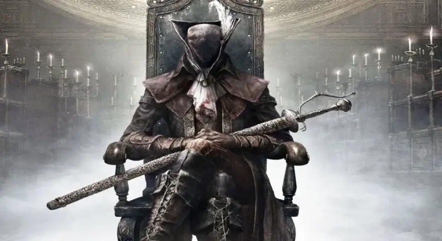 Figura sombría con espada en mano, sentada en un trono, evocando la atmósfera de Bloodborne para PC.