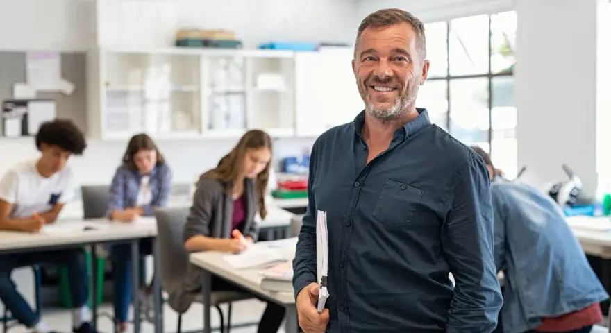 Professore sorridente in aula con studenti. La sua laurea per insegnare alle superiori è evidente dalla sua sicurezza.