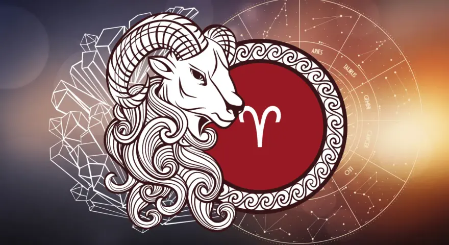 Symbol Barana, 12 kwiecień znak zodiaku, na tle koła zodiaku i kryształów.
