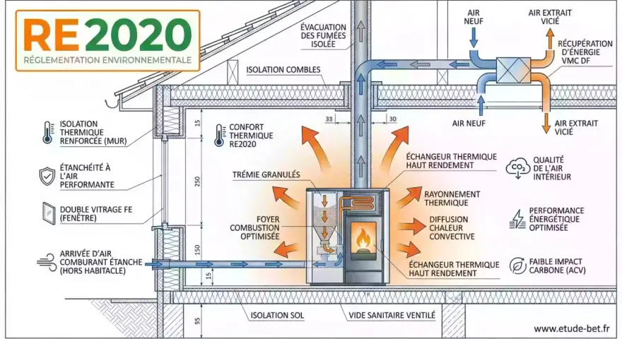 Schéma illustrant la **réglementation poêle à bois** RE2020 : isolation renforcée, étanchéité, VMC double flux avec récupération d'énergie pour un confort thermique optimal.