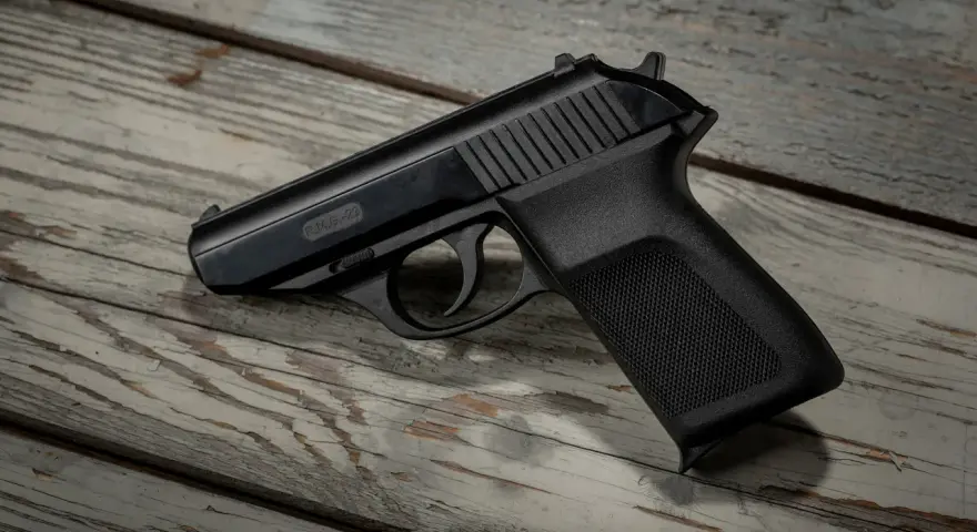 Czarny pistolet gazowy P.M.G.-23 leżący na drewnianym blacie.