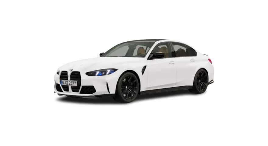 Białe, nowe BMW M3 z czarnymi felgami i przyciemnianymi szybami, prezentujące sportowy design.