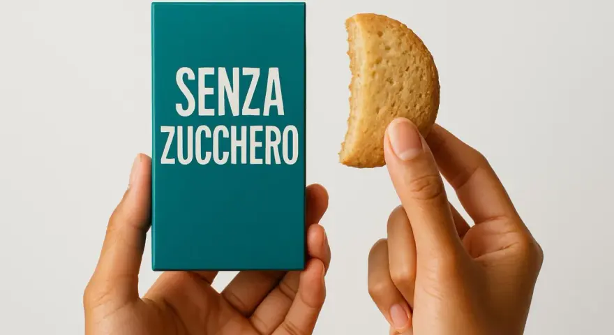 Mani che tengono una scatola con scritto "SENZA ZUCCHERO" e un biscotto senza zucchero.