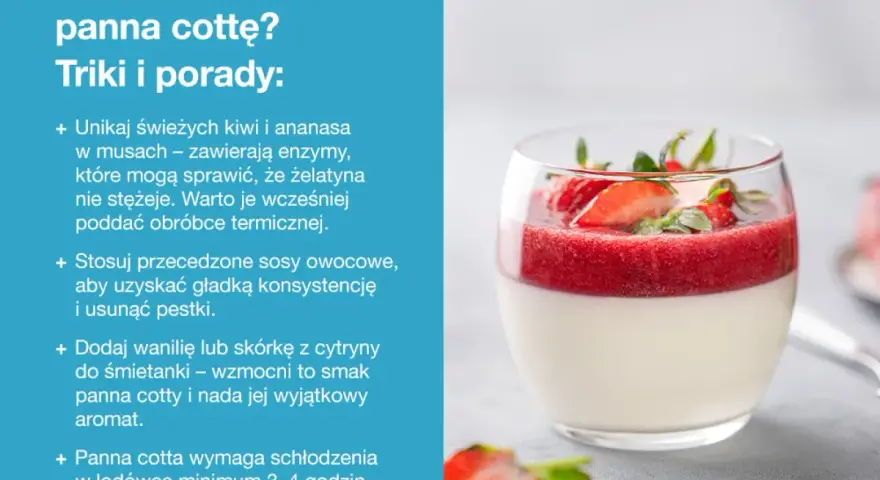 Panna cotta z musem truskawkowym i świeżymi owocami. Idealna galaretka z owocami, która zachwyca smakiem i wyglądem.