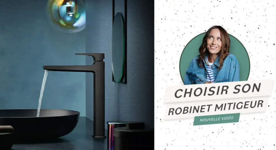 Vidéo expliquant comment fonctionne un mitigeur. Une femme souriante et un robinet moderne dans une salle de bain.