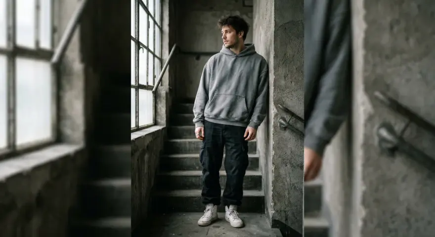 Giovane uomo con felpa oversize e pantaloni cargo scuri appoggiato a un muro di cemento, con scale e finestra sullo sfondo.