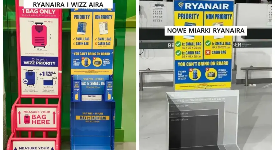 Porównanie rozmiarów bagażu podręcznego Ryanair i Wizz Air. Nowe miarki pokazują, że większy bagaż podręczny Ryanair o 2 cm może nie zmieścić się w starszych wymiarach.