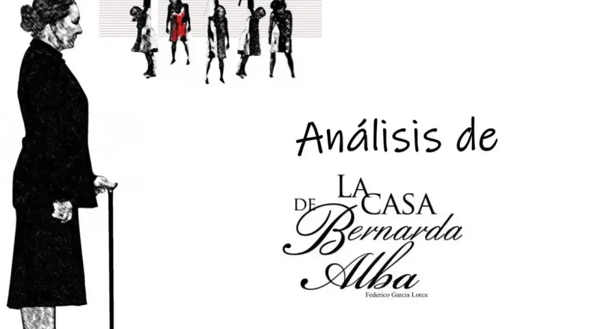 Análisis de "La casa de Bernarda Alba" con símbolos: Bernarda observa a sus hijas, figuras suspendidas que representan la opresión y los símbolos de la obra.