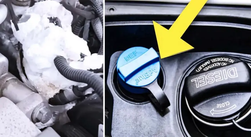 Fryst AdBlue-system i bilen. En gul pil pekar mot AdBlue-locket, bredvid diesellocket.